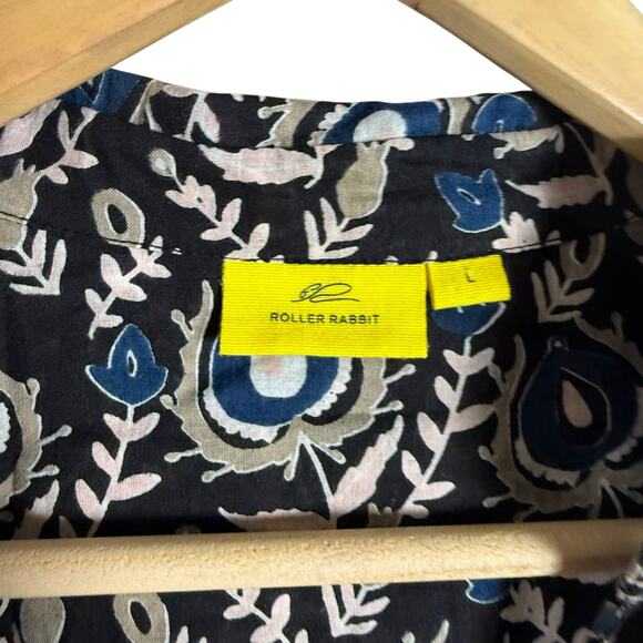 Roller Rabbit Black Floral Print Long Sleeve Cotton Button Up Too Size Large - Picture 3 of 9